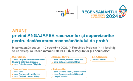 ANUNȚ privind angajarea recenzorilor și supervizorilor pentru desfășurarea recensământului de probă